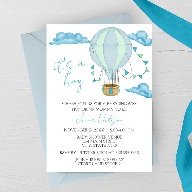 Blue Hot Air Balloon “It’s a Boy” Baby Shower Inbjudningar (Skapare uppladdad)