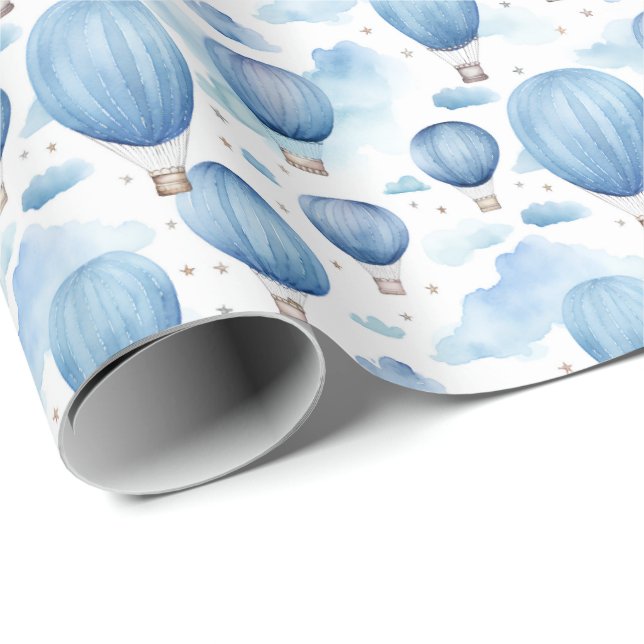 Blue Hot Air Balloon Sky for Baby Boy Nursery Presentpapper (Rullad Hörn)