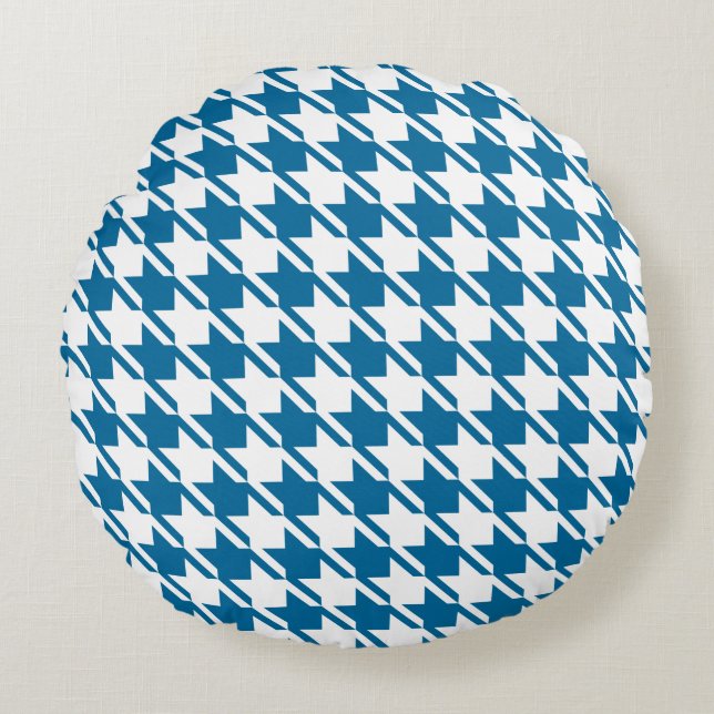 Blue Houndstooth Upprepande Mönster Rund Kudde (Framsidan)