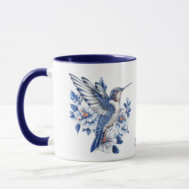Blue Hummingbird Floral Monogram Mugg (Vänster)