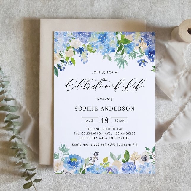 Blue Hydrangea and Ivory Rose Celebration of Life Inbjudningar (Blue Hydrangea and Ivory Rose Watercolor Memorial Invitation with Greenery Accents)