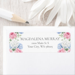 Blue Hydrangea and Pink Rose Floral English Garden Returadress Etikett