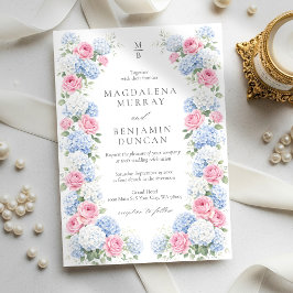 Blue Hydrangea and Pink Rose Floral Garden Wedding Inbjudningar