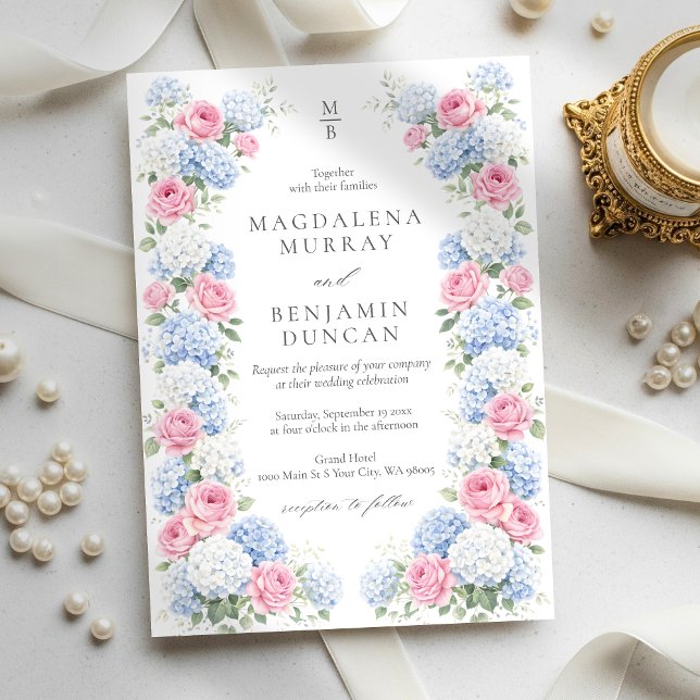 Blue Hydrangea and Pink Rose Floral Garden Wedding Inbjudningar (Skapare uppladdad)