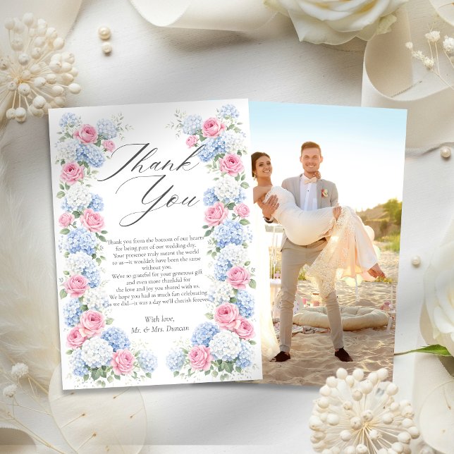 Blue Hydrangea and Pink Rose Floral Garden Wedding Tack Kort (Skapare uppladdad)