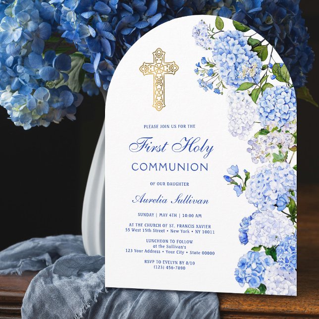 Blue Hydrangea Arch First Communion Inbjudningar (Skapare uppladdad)