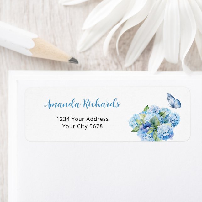 Blue Hydrangea Baby Shower Adress Returadress Etikett (Insitu)
