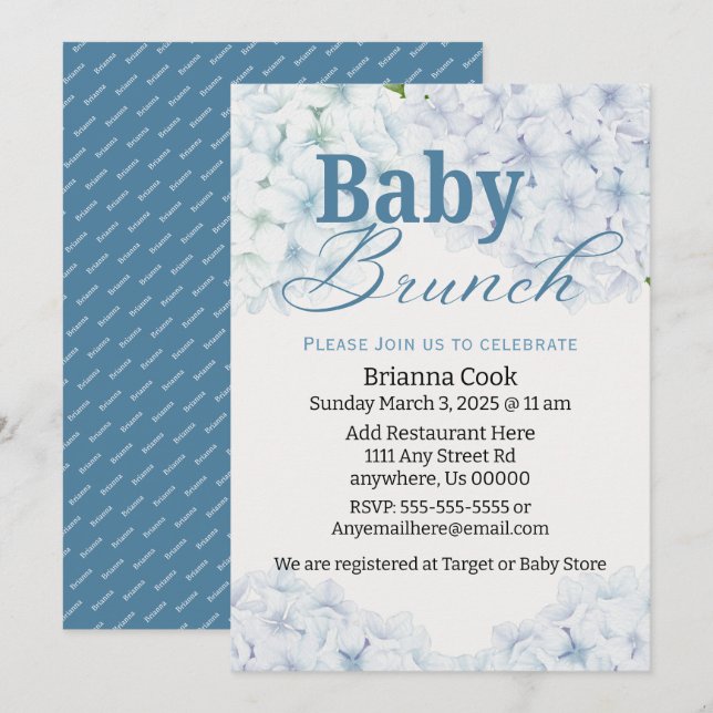 Blue Hydrangea Baby Shower/Baby Brunch-inbjudan Inbjudningar (Fram/baksida)