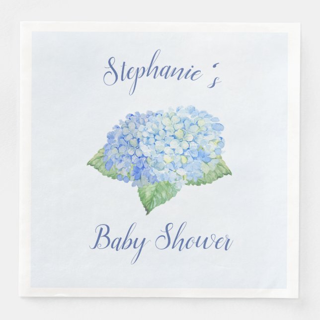 Blue Hydrangea Baby Shower Personlig Pappersservett (Framsida)