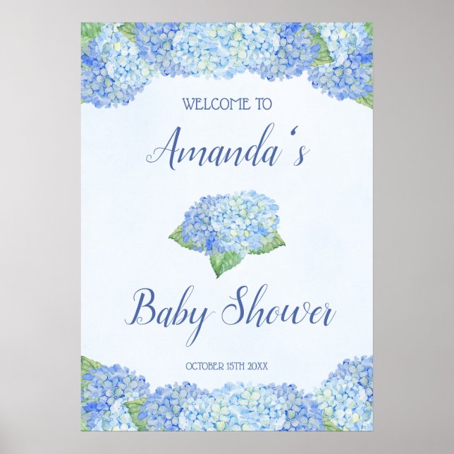 Blue Hydrangea Baby Shower Personlig Poster (Framsidan)