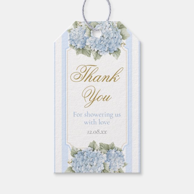Blue Hydrangea Baby Shower Presentetikett (Framsidan)