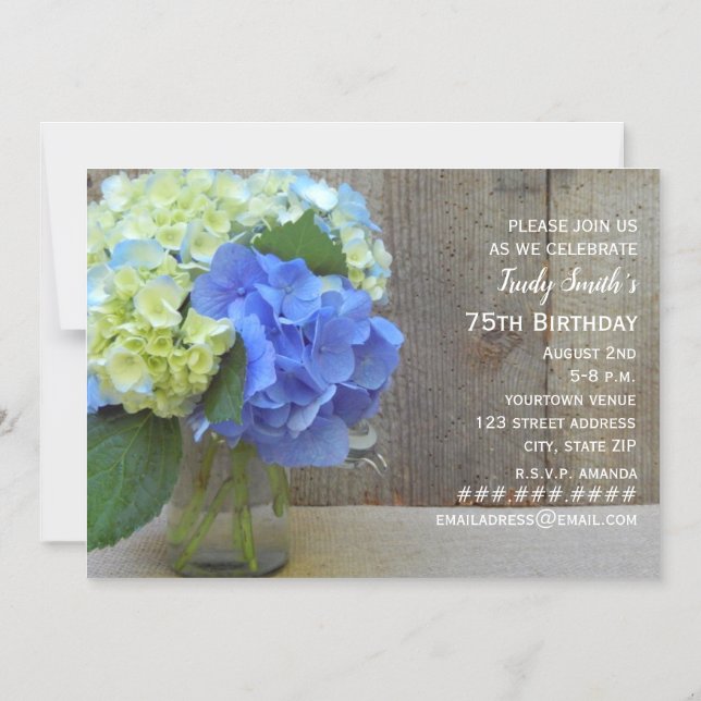 Blue Hydrangea Barnwood Mason Burk Mature Birthday Magnetisk Inbjudningskort (Framsida)