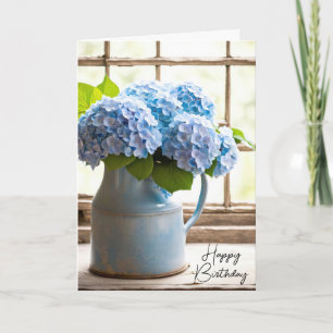 Blue Hydrangea Birthday Bouquet in Window Kort