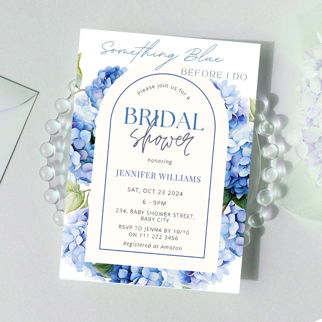 Blue Hydrangea Blommigt Arch Möhippa Inbjudningar (Something Blue Before I Do Blue Hydrangea Floral Arch Elegant Romantic Bridal Shower Invitation)