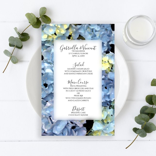 Blue Hydrangea Blommigt Bröllop Menu (Skapare uppladdad)