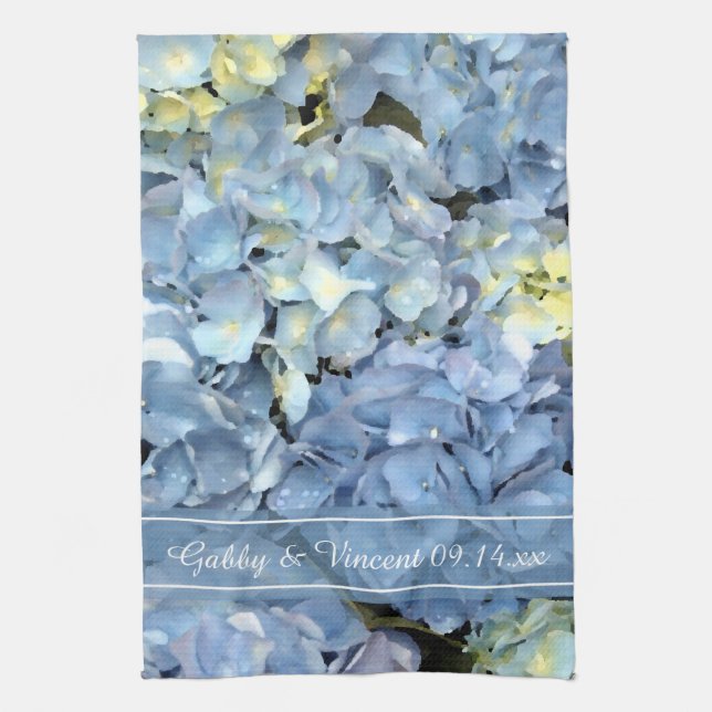 Blue Hydrangea Blommigt Bröllop spara datum Kökshandduk (Vertikal)