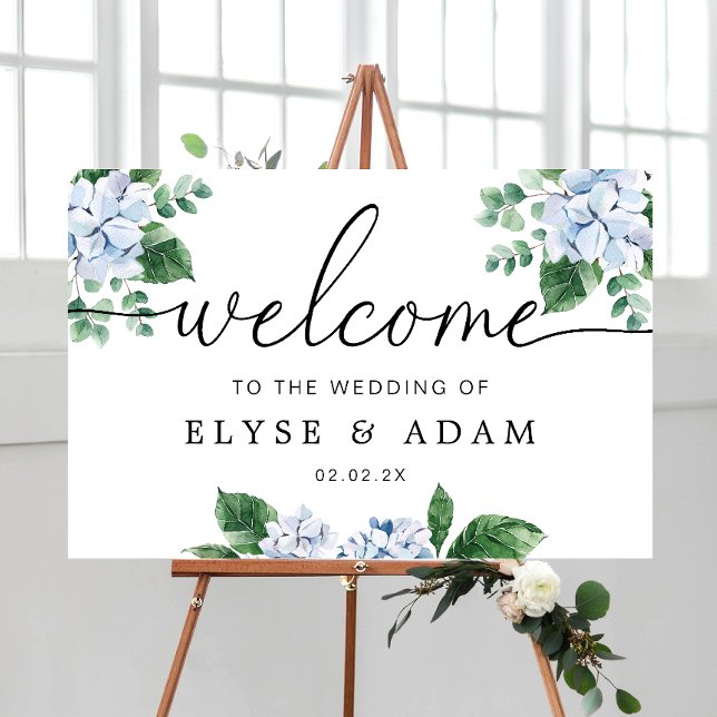 Blue Hydrangea Blommigt Bröllop Välkomsttecken Poster (Ferras Blue Hydrangea Wedding Welcome Sign )