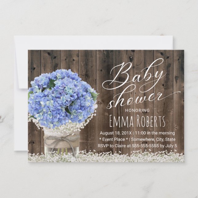 Blue Hydrangea Blommigt Burk Barn Wood Baby Shower Inbjudningar (Framsida)