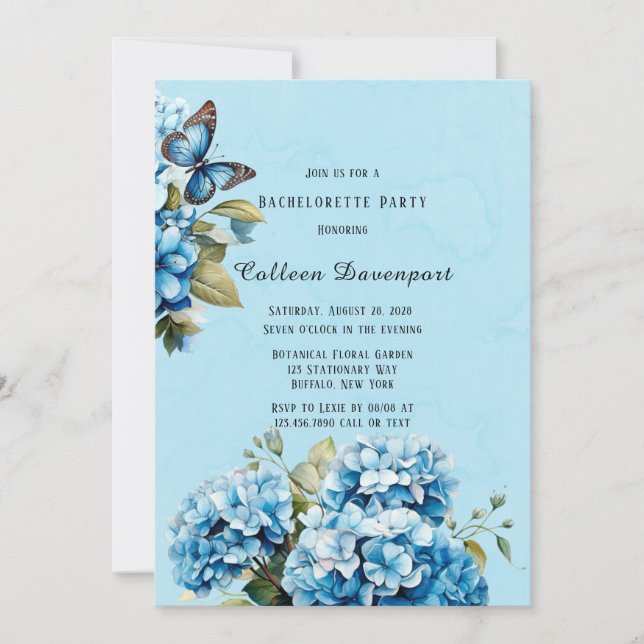 Blue Hydrangea Blommigt Butterfly Bachelorette Par Inbjudningar (Framsida)