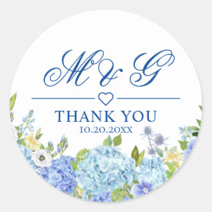 Blue Hydrangea Blommigt Greenery Bröllop Tack Runt Klistermärke