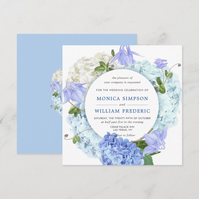 Blue Hydrangea Blommigt Greenery Watercolor Bröllo Inbjudningar (Fram/baksida)