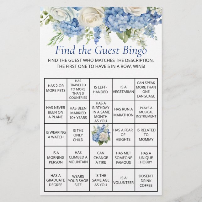 Blue Hydrangea Blommigt Guest Bingo Baby Shower Ga Flygblad (Framsidan)