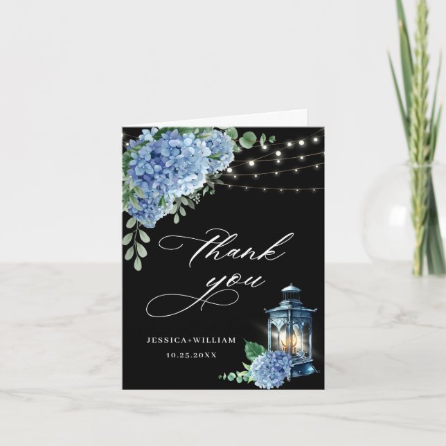 Blue Hydrangea Blommigt Lantern Black Boho Bröllop Tack Kort (Framsida)