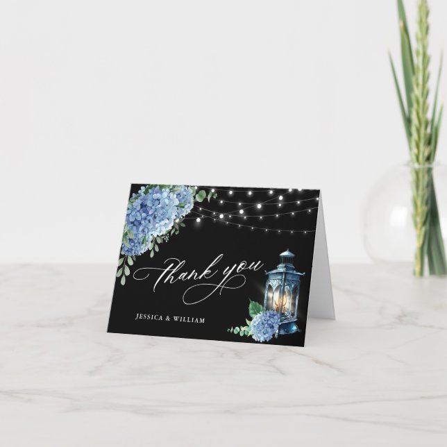 Blue Hydrangea Blommigt Lantern Black Boho Bröllop Tack Kort (Framsida)