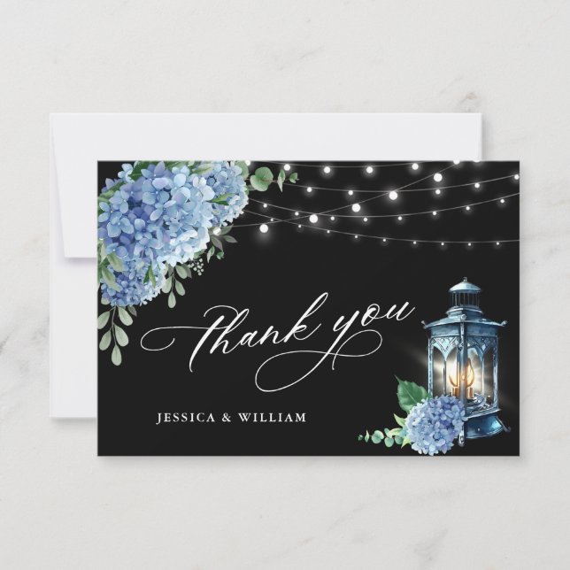 Blue Hydrangea Blommigt Lantern Black Boho Bröllop Tack Kort (Framsida)