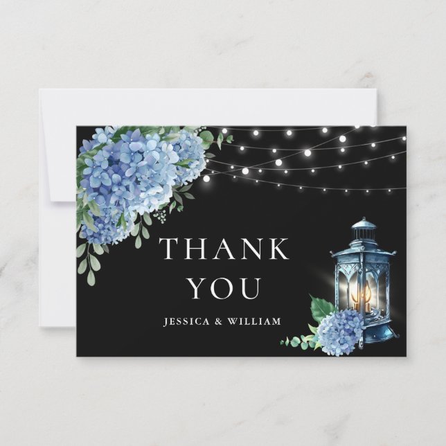 Blue Hydrangea Blommigt Lantern Black Boho Bröllop Tack Kort (Framsida)
