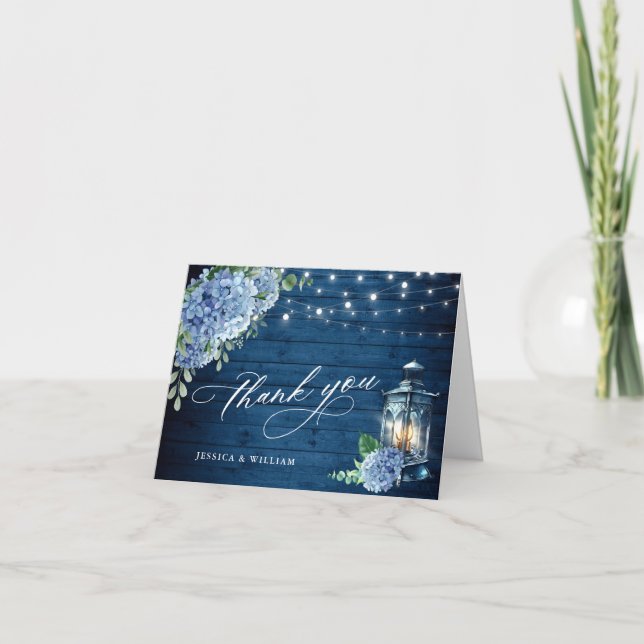 Blue Hydrangea Blommigt Lantern Navy Wood Bröllop Tack Kort (Framsida)