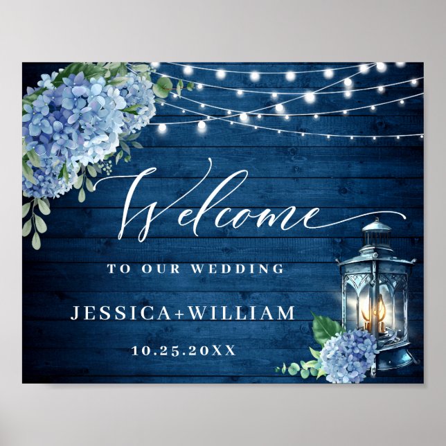 Blue Hydrangea Blommigt Lantern Wood Welcome Bröll Poster (Framsidan)