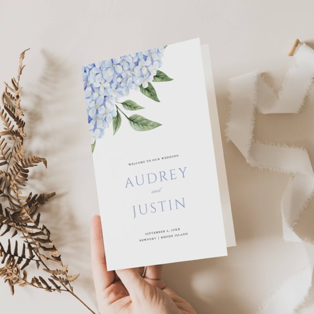 Blue Hydrangea Blooms Bröllop-mappat Pappert progr Reklamblad (Skapare uppladdad)