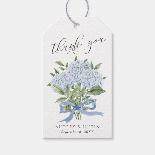 Blue Hydrangea Bouquet Blue Ribbon Bröllop Presentetikett (Framsidan)