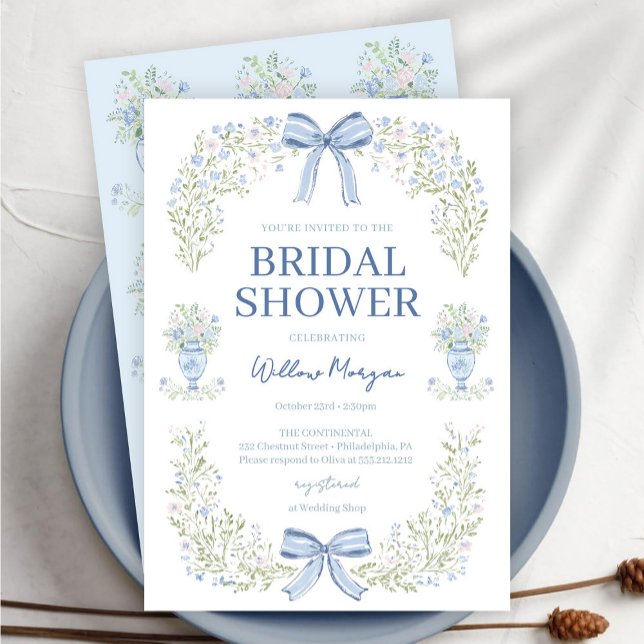 Blue Hydrangea Bow Bridal Shower Invitation Inbjudningar (Skapare uppladdad)