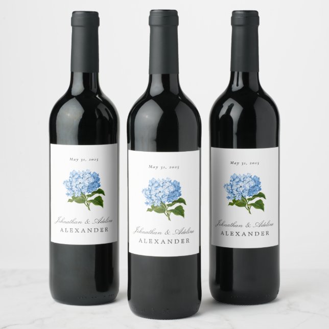 Blue Hydrangea Bröllop Date and Namn Vinflaska Etikett (Flaskor)