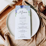 Blue Hydrangea Bröllop eller Möhippa Menu Inbjudningar<br><div class="desc">Visning din utsökta meny på dessa vackra kort - perfekt storlek till ställe på varje skylt! Den här designen har ett vackert skript-teckensnitt och vackra blå vattenspel. Redigera enkelt matvarorna!</div>