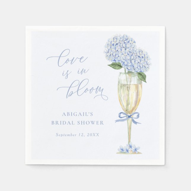 Blue Hydrangea Champagne Glass & Bow Love in Bloom Pappersservett (Framsidan)