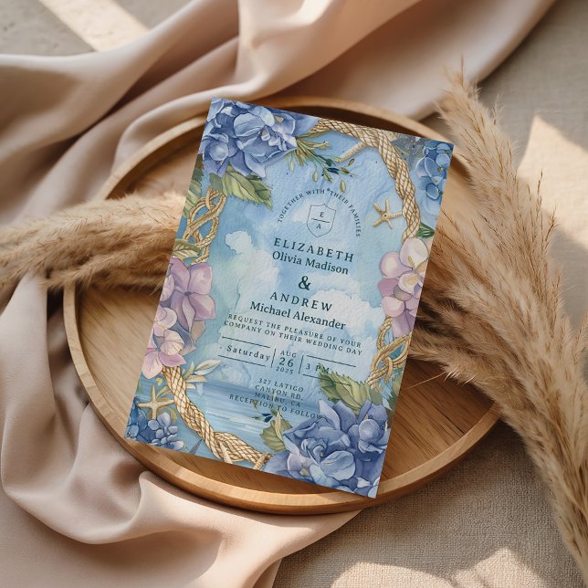 Blue Hydrangea Coastal Rope Wedding Inbjudningar (Skapare uppladdad)
