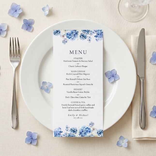 Blue Hydrangea Coastal Wedding Flat Menu Meny (Skapare uppladdad)