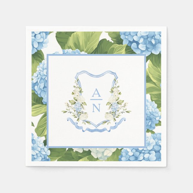 Blue Hydrangea Crest Monogram Pappersservett (Framsidan)