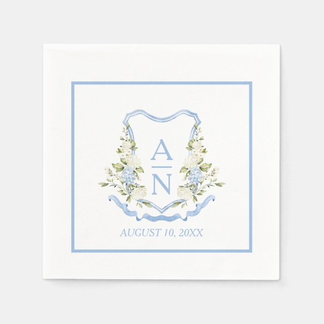 Blue Hydrangea Crest Monogram Simple Pappersservett (Framsidan)