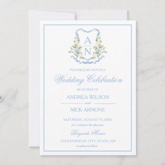 Blue Hydrangea Crest Monogram Wedding Invitation Inbjudningar