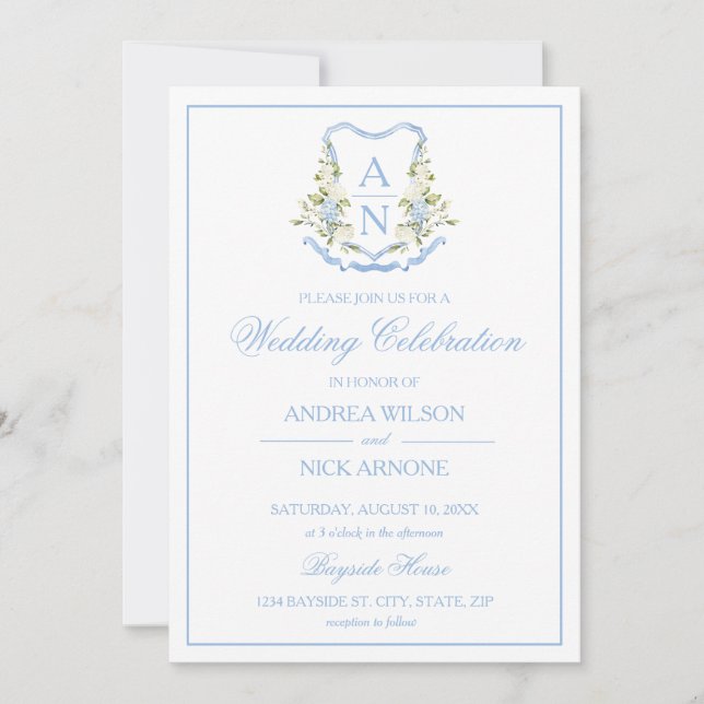 Blue Hydrangea Crest Monogram Wedding Invitation Inbjudningar (Framsida)