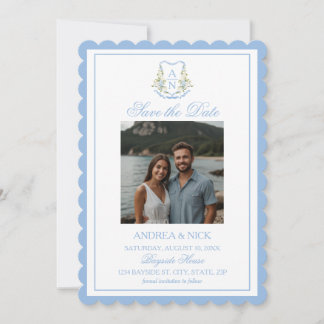 Blue Hydrangea Crest Monogram Wedding Invitation Spara Datumet