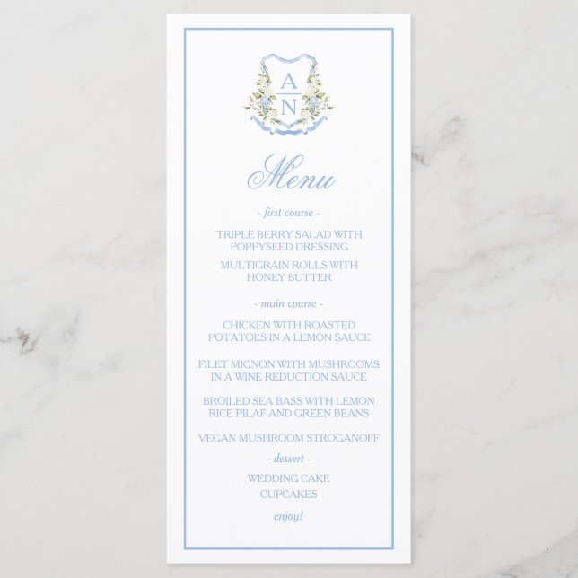 Blue Hydrangea Crest Monogram Wedding Menu Meny (Framsida)