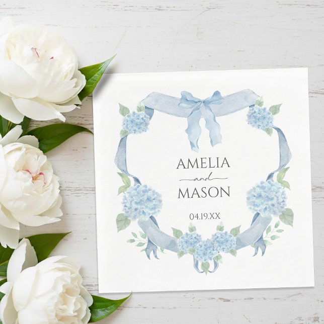 Blue Hydrangea Crest Watercolor Paper Wedding Pappersservett (Blue Hydrangea Crest Watercolor Paper Wedding Napkins)