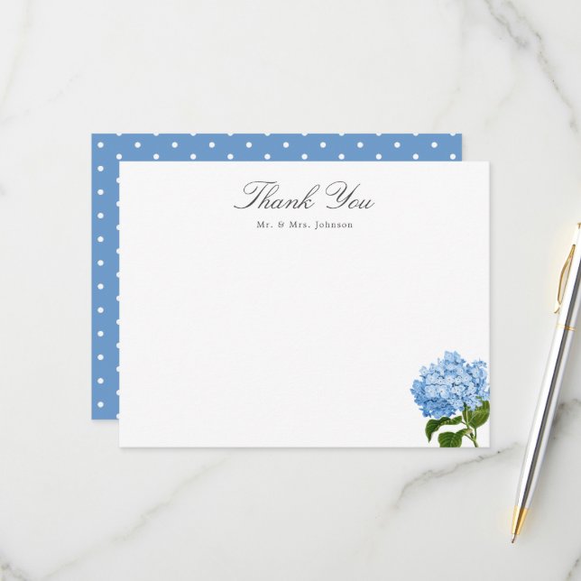 Blue Hydrangea Custom Name Thank You Flat Card OSA Kort (Fram/Back In Situ)