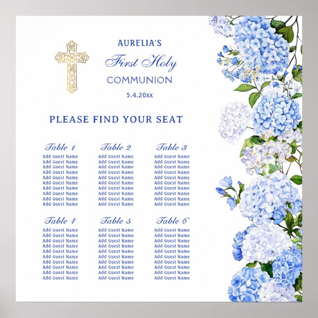 Blue Hydrangea First Communion Seating Chart Poster (Framsidan)