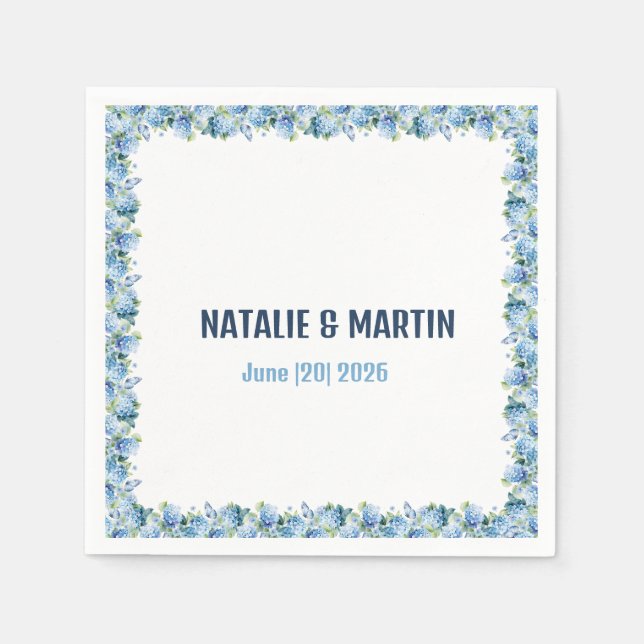 Blue Hydrangea Floral Border Wedding Personalized Pappersservett (Framsidan)